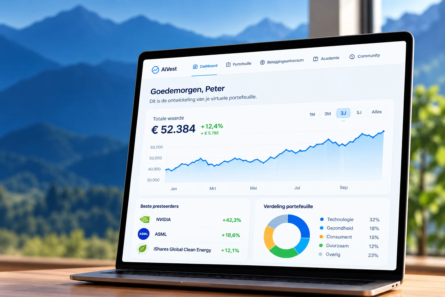 Laptop met het AiVest-dashboard, een portefeuillegrafiek en verdeling van beleggingen